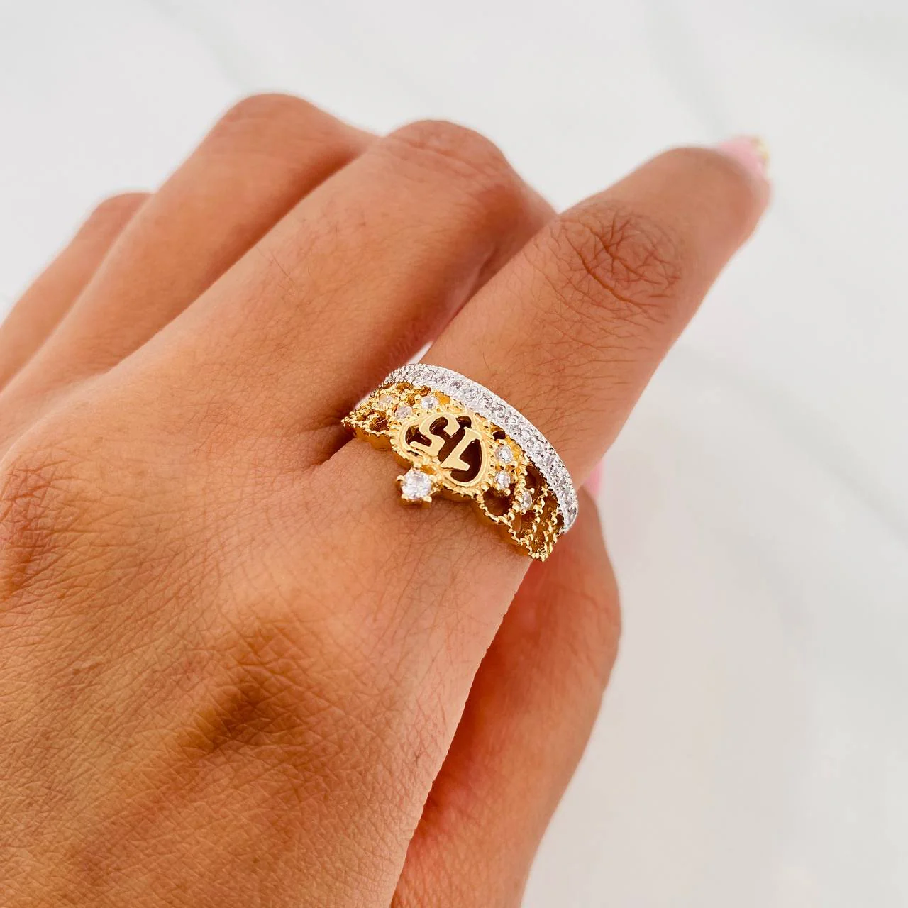 Anillo Corona 15S 3.15 g / T7 1/4 Dos Oros Amarillo Blanco 18K - Image 5