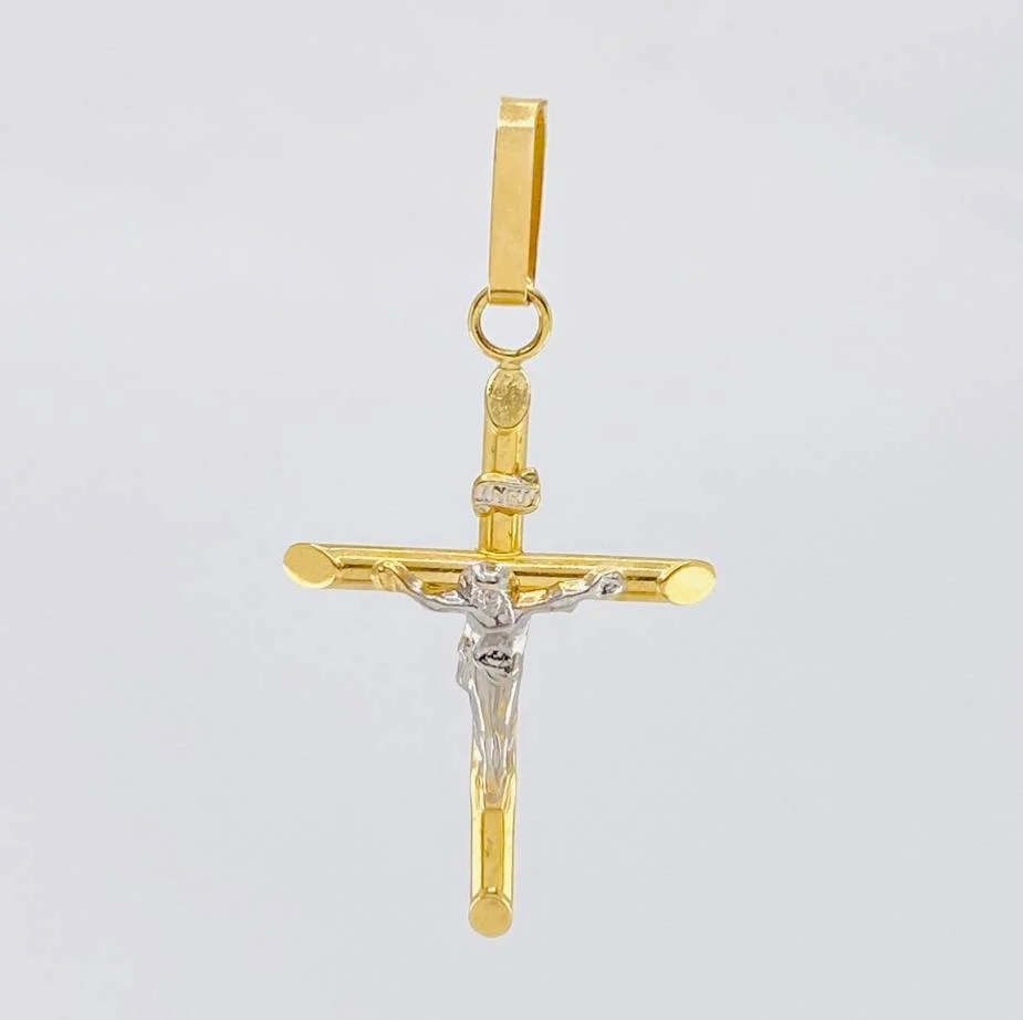 Dije Cruz Cristo Puntas Planas 1.2 g / 4.3 cm Dos Oros Amarillo Blanco 18K - Image 2