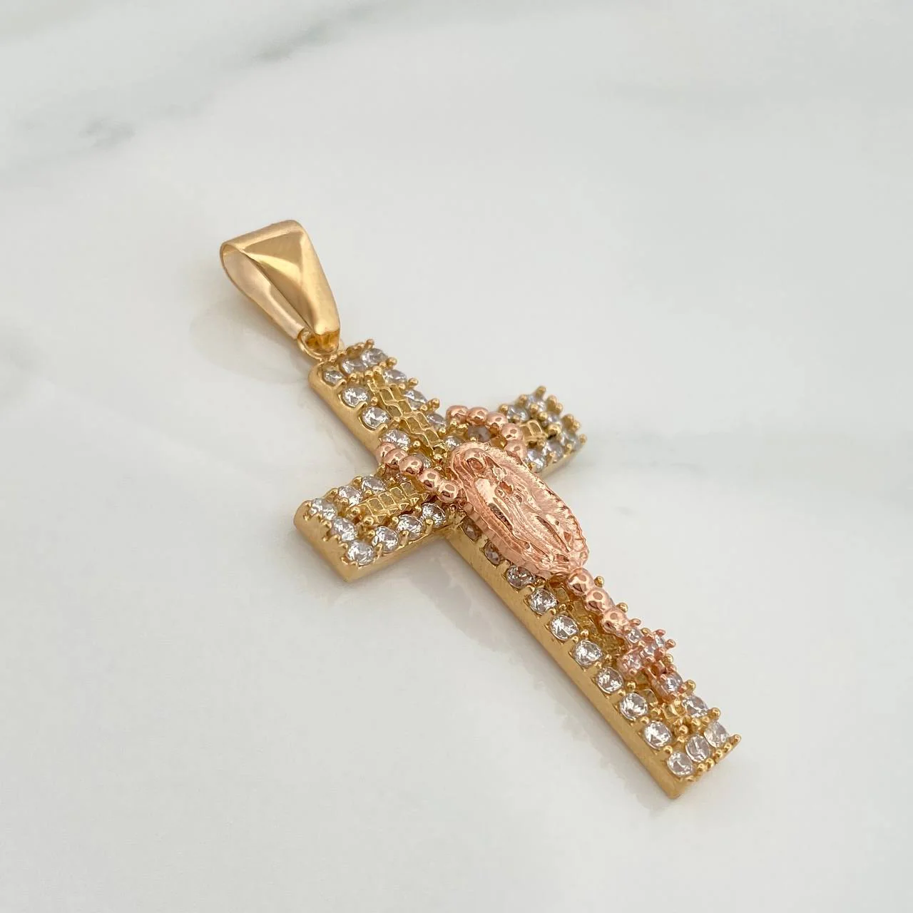 Dije Cruz Rosario Virgen Guadalupe 5.9gr / 4.5cm / Dos Oros Amarillo Rosa 18K - Image 3