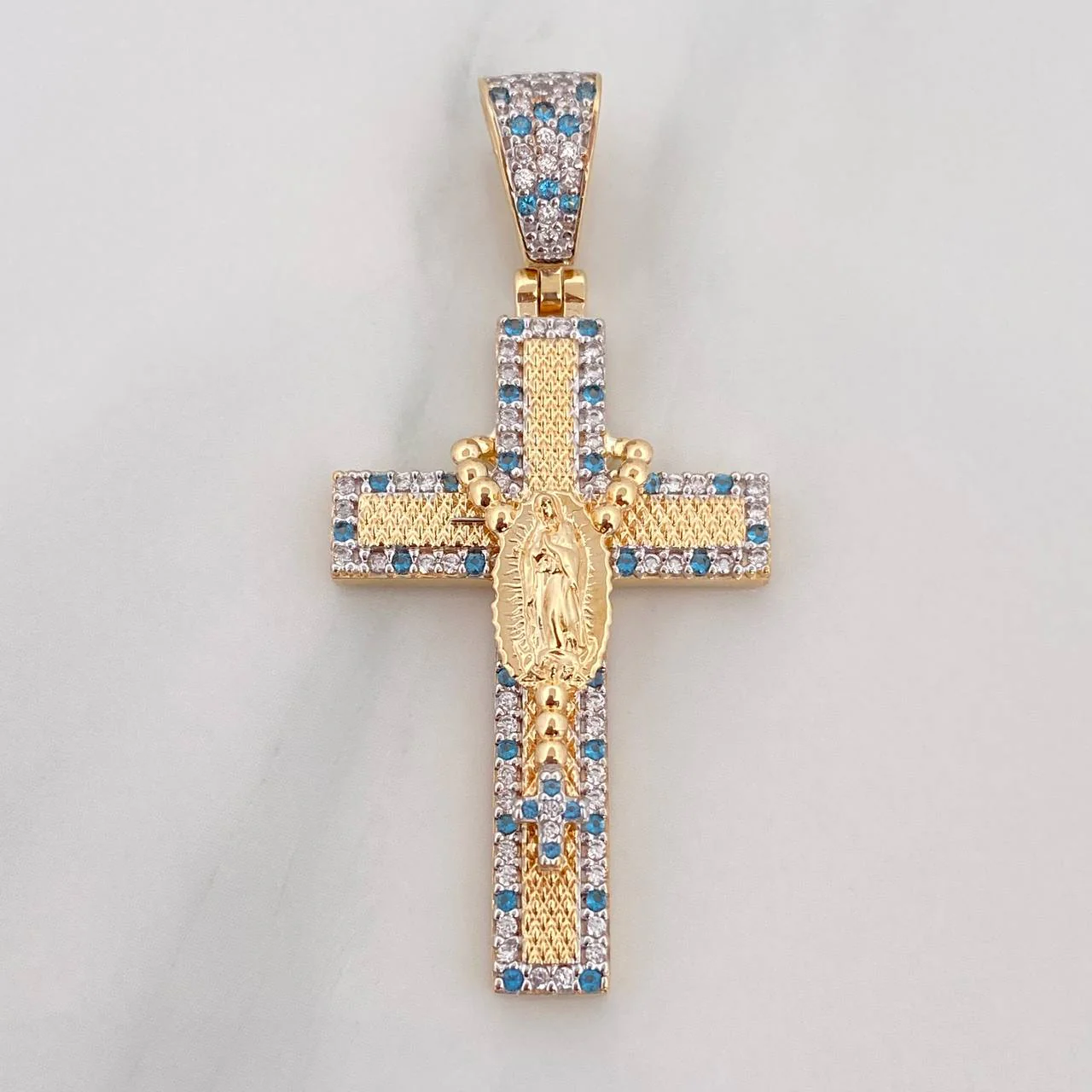 Dije Cruz Rosario Virgen Guadalupe 6.55 g / 4.7 cm Dos Oros Amarillo Blanco 18K - Image 2