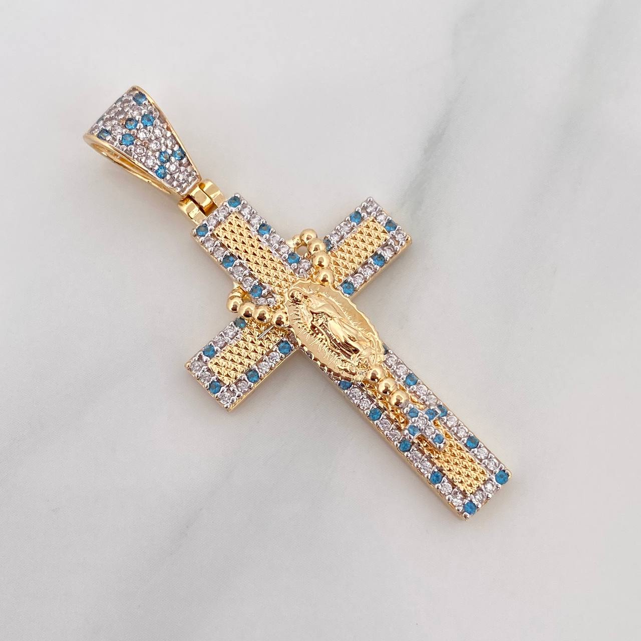Dije Cruz Rosario Virgen Guadalupe 6.55 g / 4.7 cm Dos Oros Amarillo Blanco 18K - Image 3