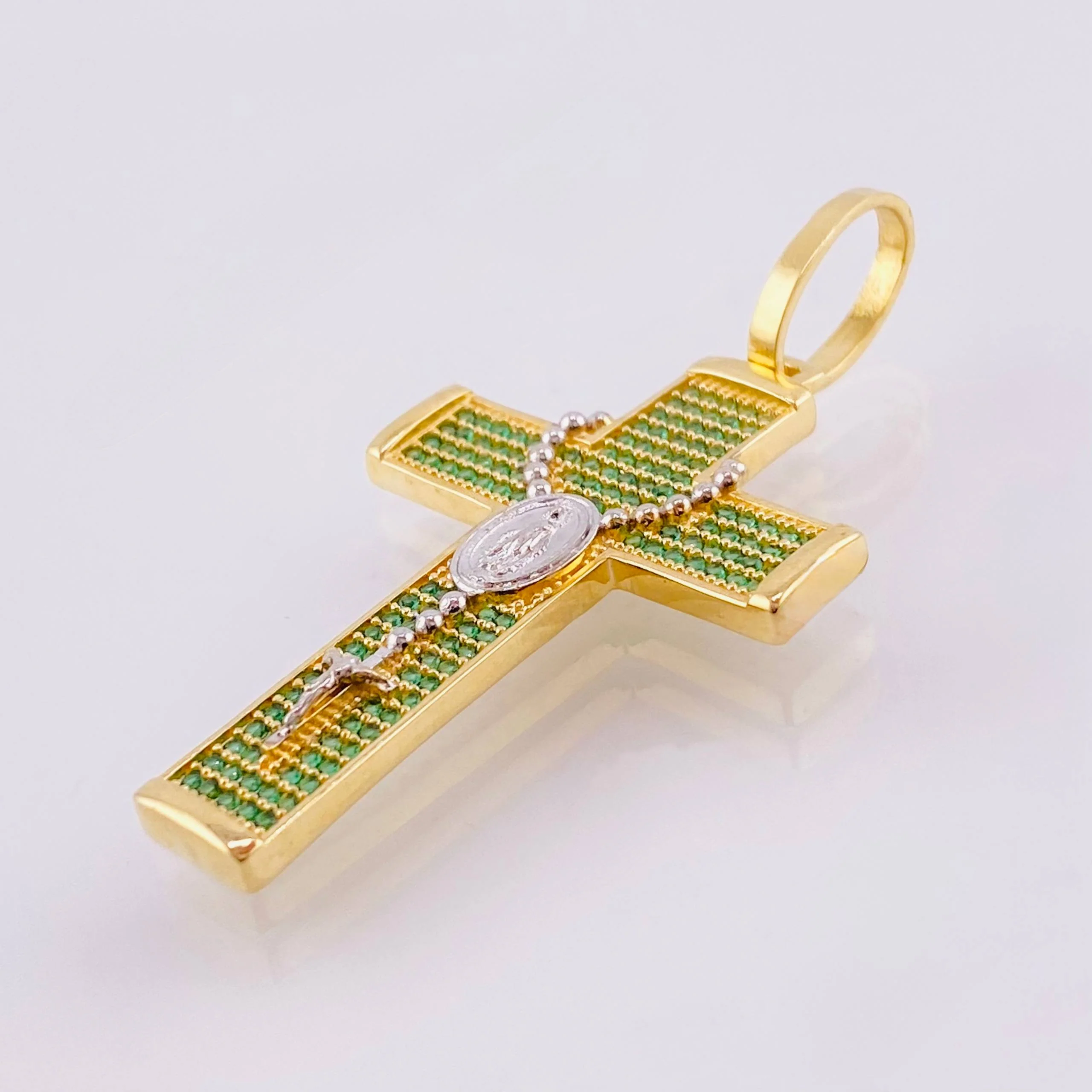 Dije Cruz Rosario Virgen Milagrosa 5.85gr / 4.9cm / Dos Oros Amarillo Blanco 18K - Image 3