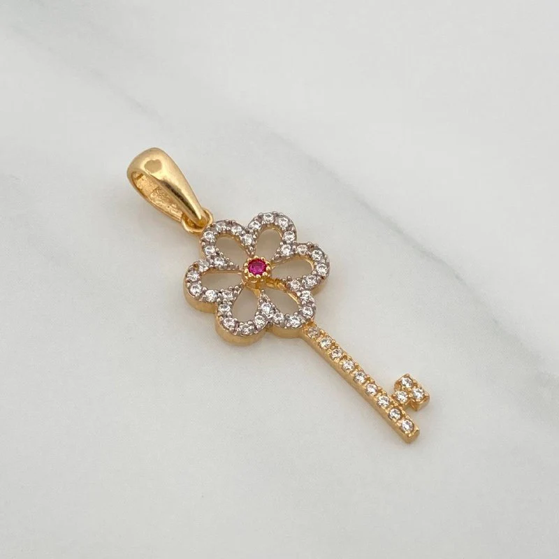 Dije Llave Flor 1.35gr / 3.3cm / Dos Oros Amarillo Blanco 18K - Image 2