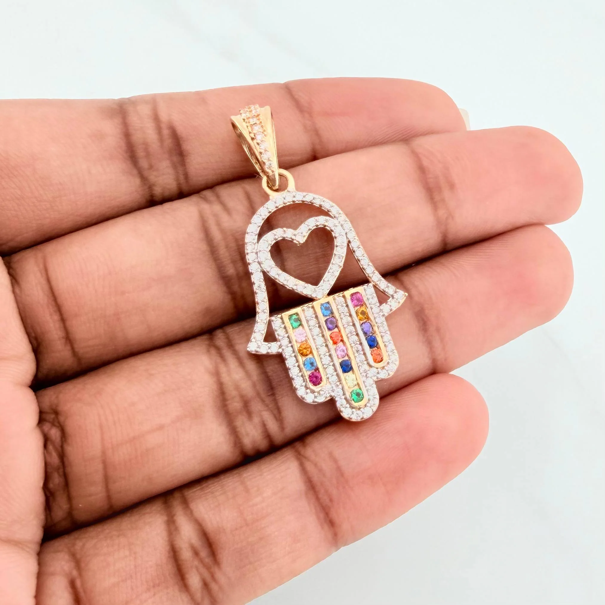 Dije Mano Hamsa 4.4 g / 4 cm Dos Oros Amarillo Blanco 18K - Image 4
