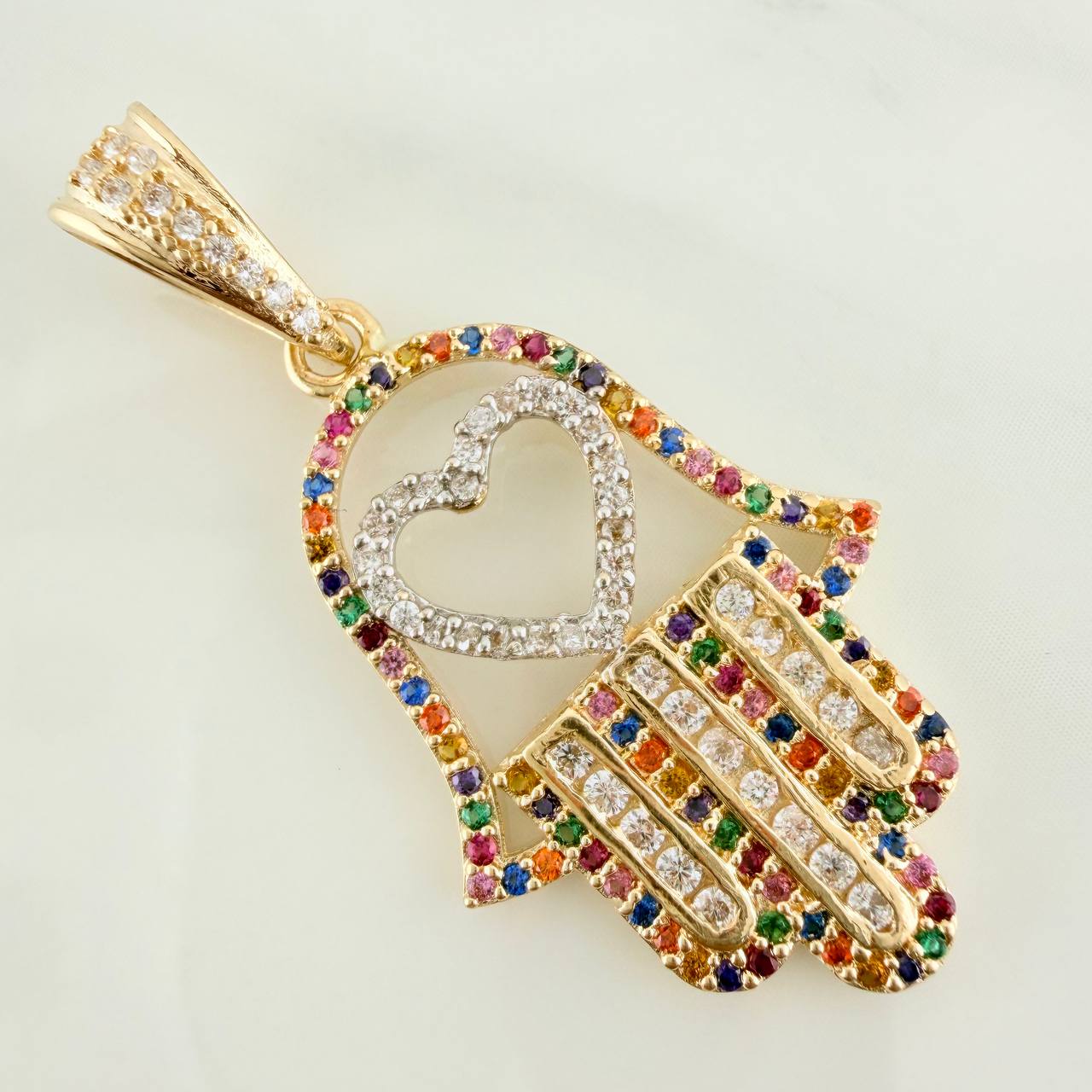 Dije Mano Hamsa Corazon 4.45gr / 4cm / Dos Oros Amarillo Blanco 18K - Image 4