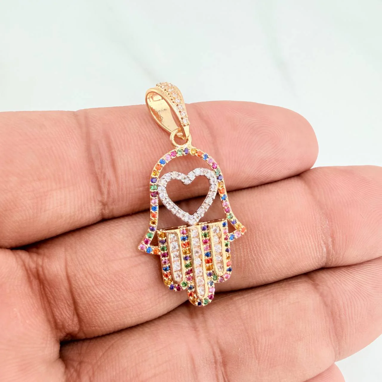 Dije Mano Hamsa Corazon 4.45gr / 4cm / Dos Oros Amarillo Blanco 18K - Image 6