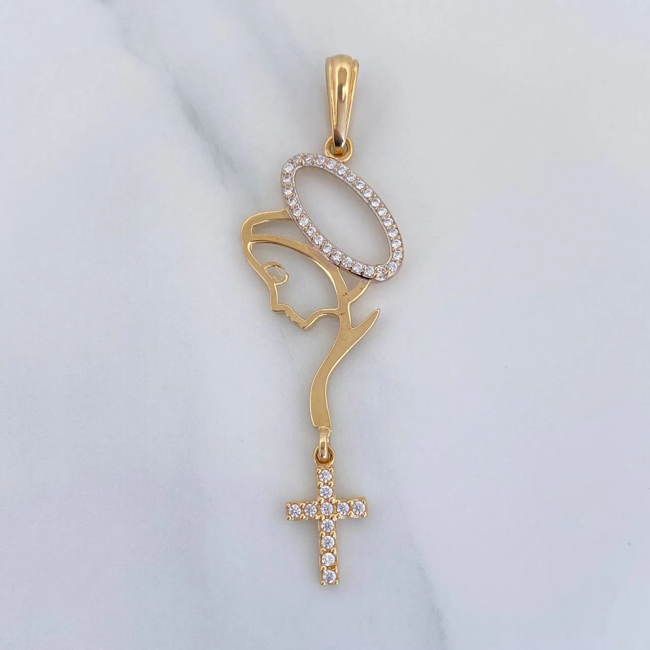 Dije Virgen Maria Cruz 2.6 g / 5.5 cm Dos Oros Amarillo Blanco 18K - Image 2