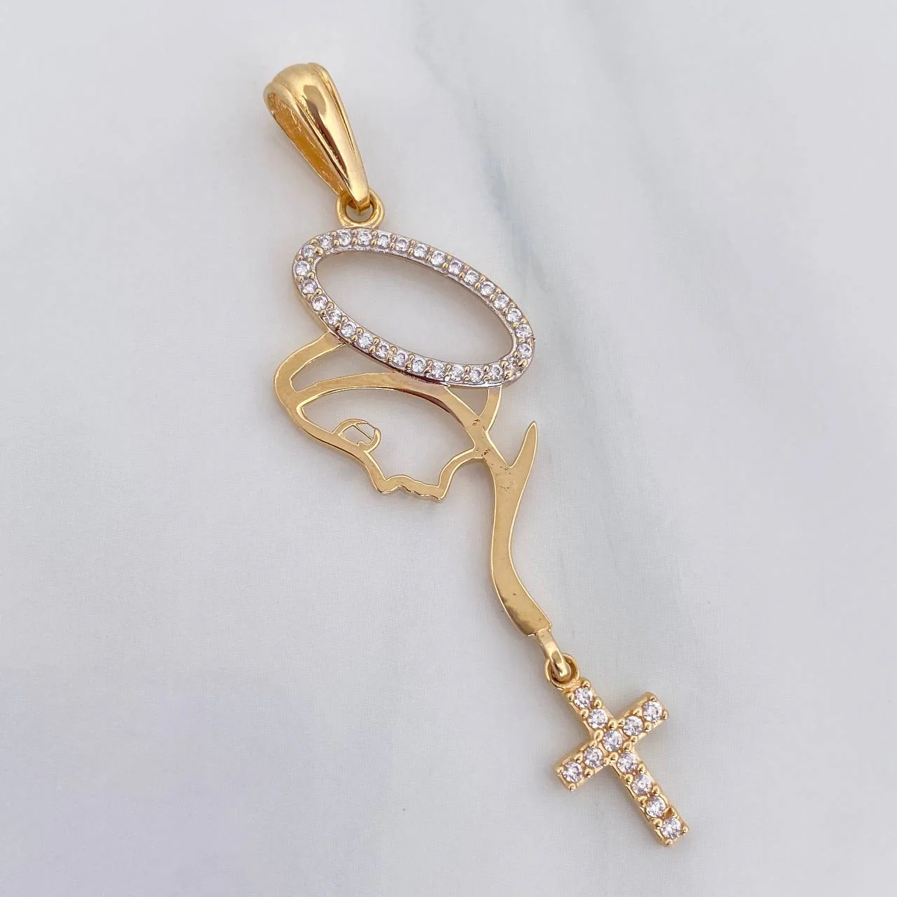 Dije Virgen Maria Cruz 2.6 g / 5.5 cm Dos Oros Amarillo Blanco 18K - Image 3