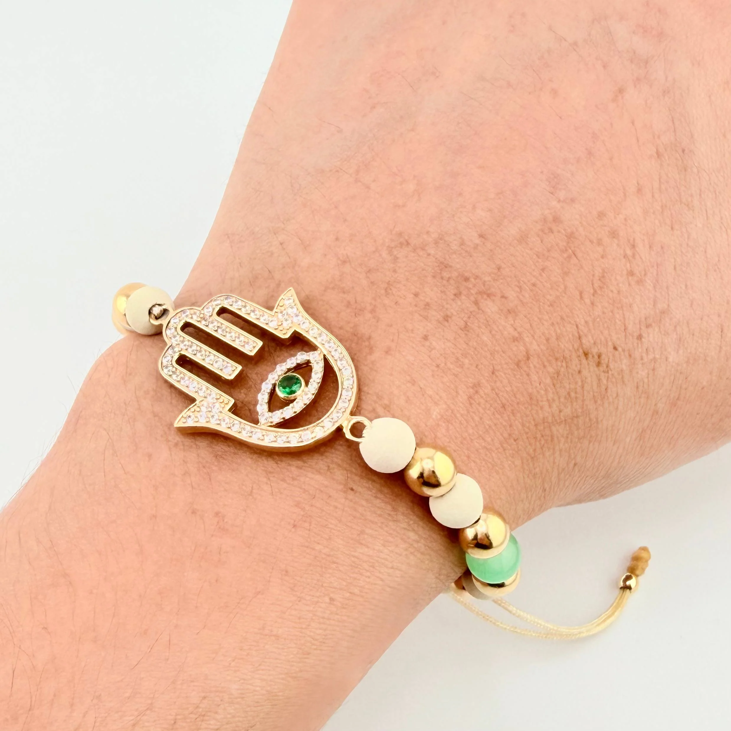 Pulsera Beige Mano Hamsa Esmeralda Bolas Lisas 10und 4.5gr / 3mm-6mm Oro Amarillo 18K - Image 3