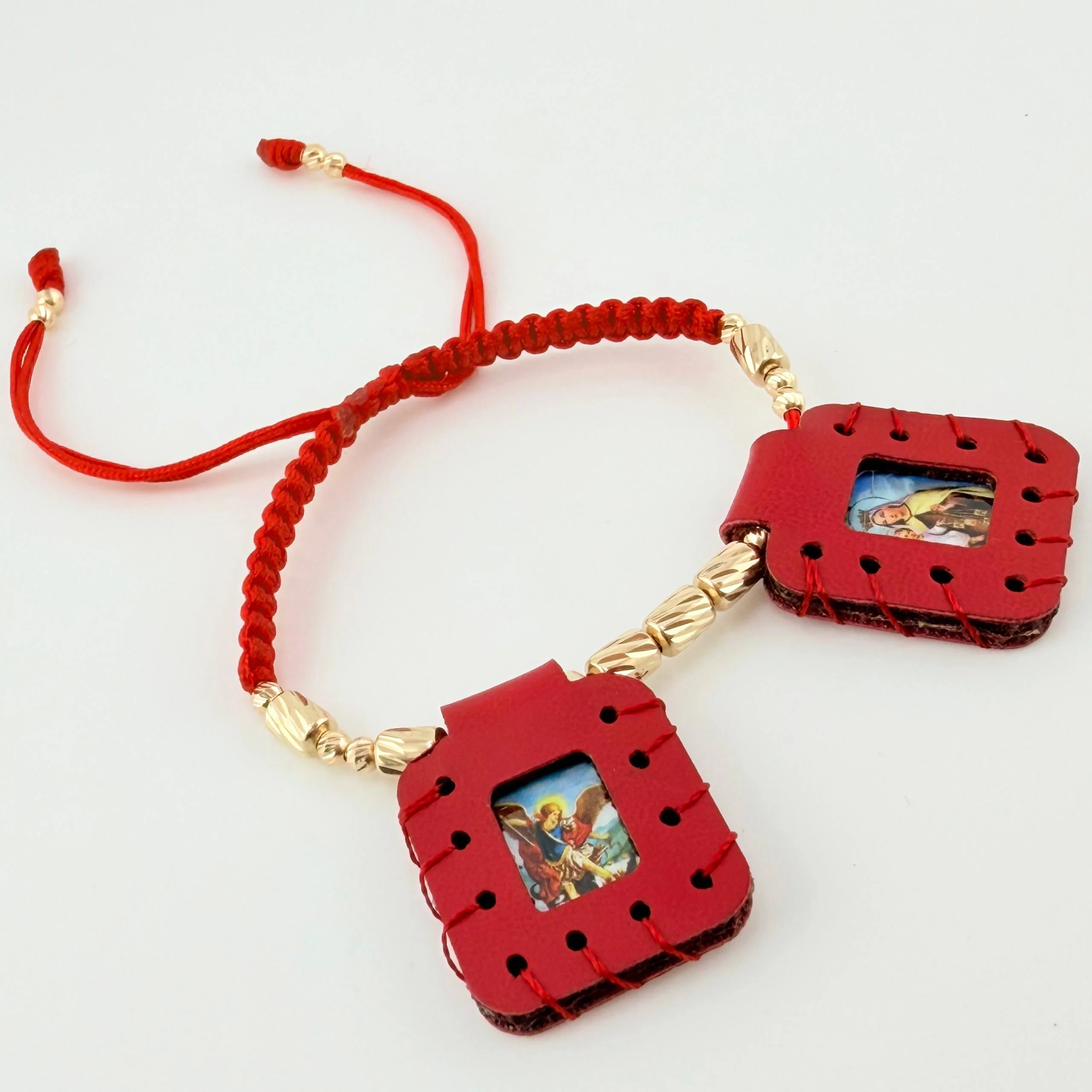 Pulsera Roja Escapulario Cilindros Bolas Diamantadas 22und 2.45gr / 3mm-4mm Oro Amarillo 18K - Image 3
