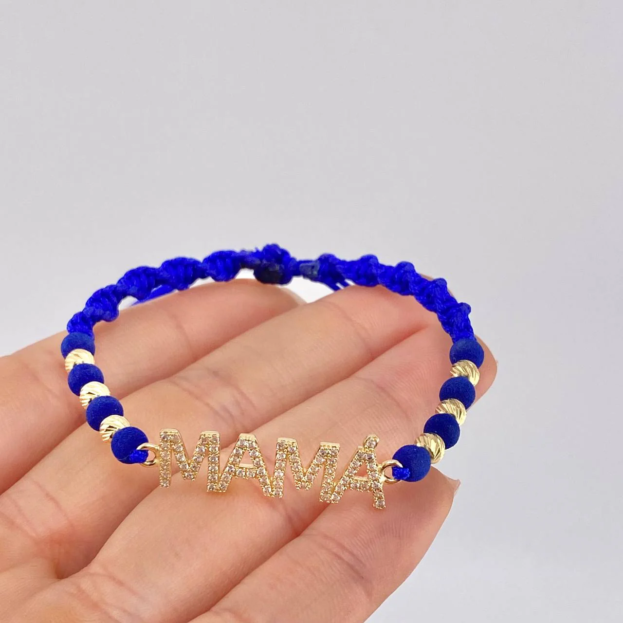 Pulsera Tejida Azul Herraje Mamá - Bolas 4Mm / 6 Und Oro Amarillo 18K (A.C) - Image 3