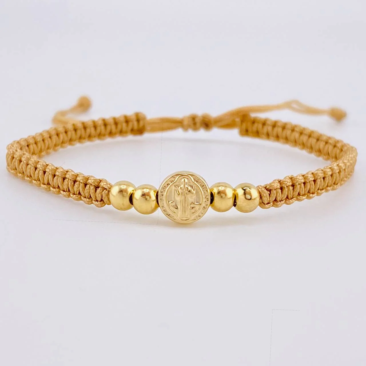 Pulsera Tejida Cafe Herraje San Benito Bolas Lisas 4Mm / 4 Und Oro Amarillo 18K