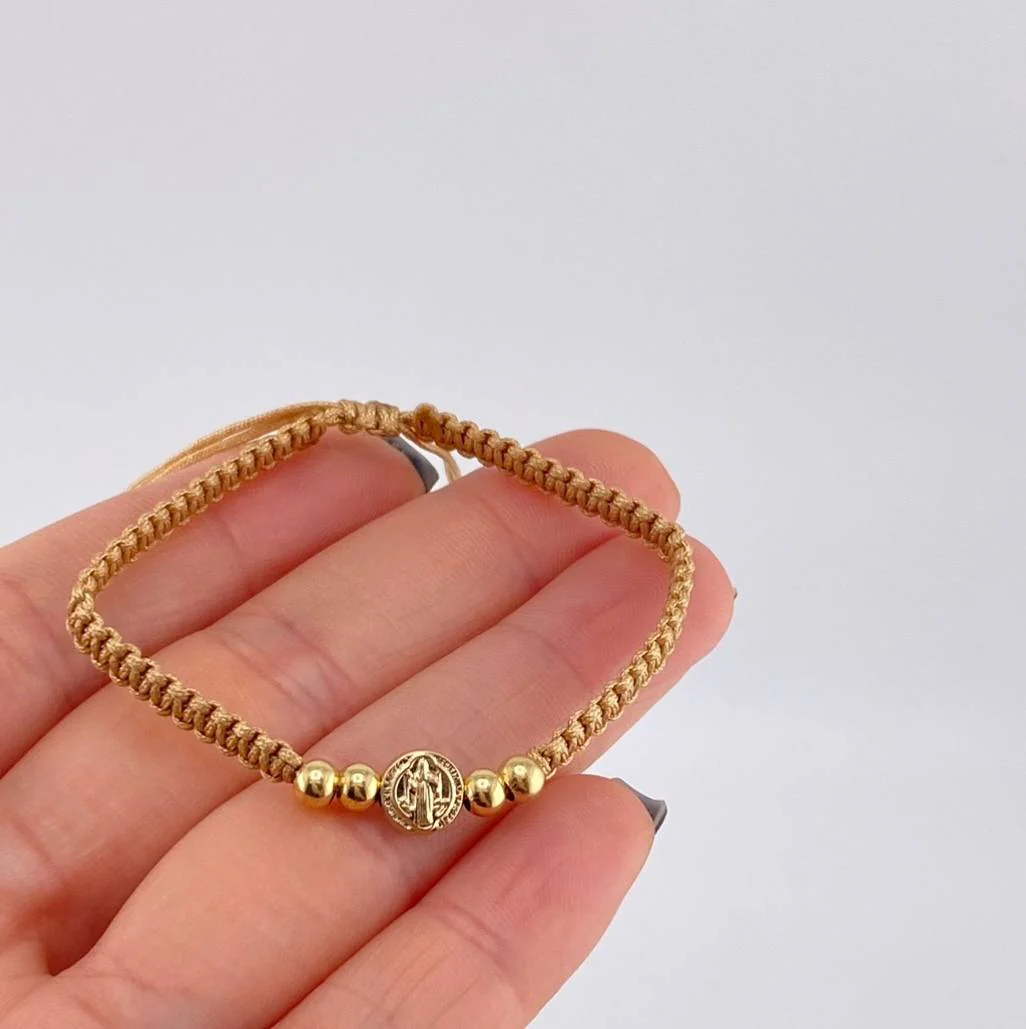 Pulsera Tejida Cafe Herraje San Benito Bolas Lisas 4Mm / 4 Und Oro Amarillo 18K - Image 3