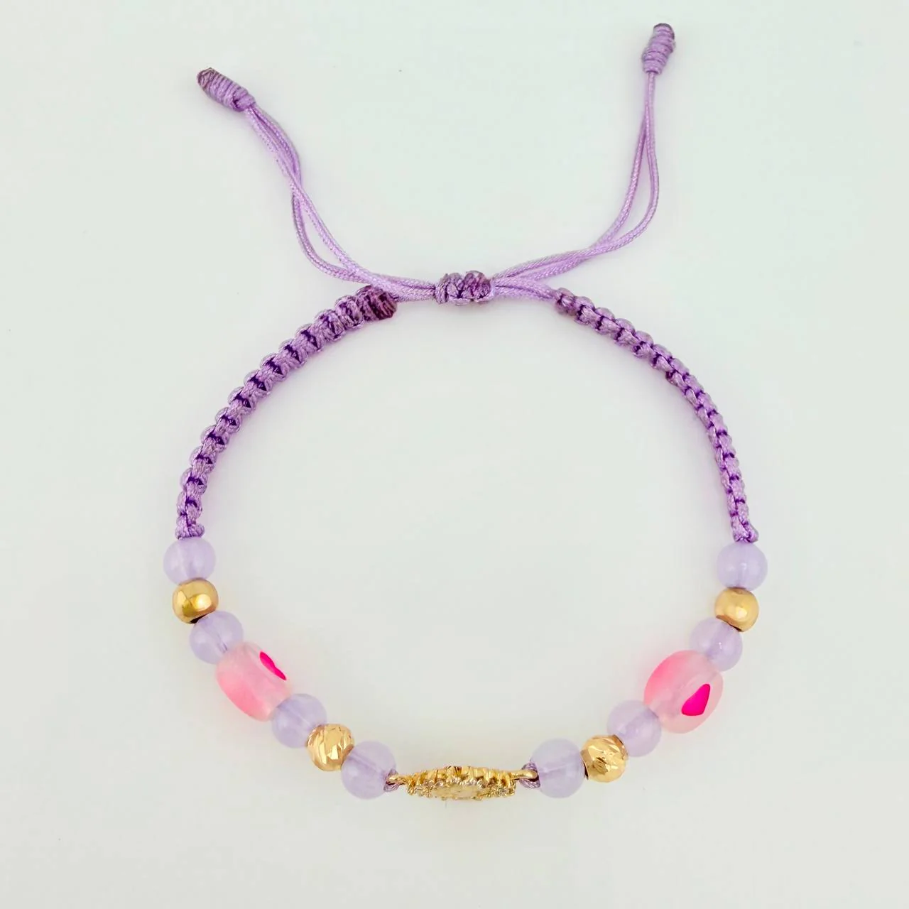 Pulsera Tejida Lila Dije Virgen Milagrosa Oro Amarillo 18K - Image 2