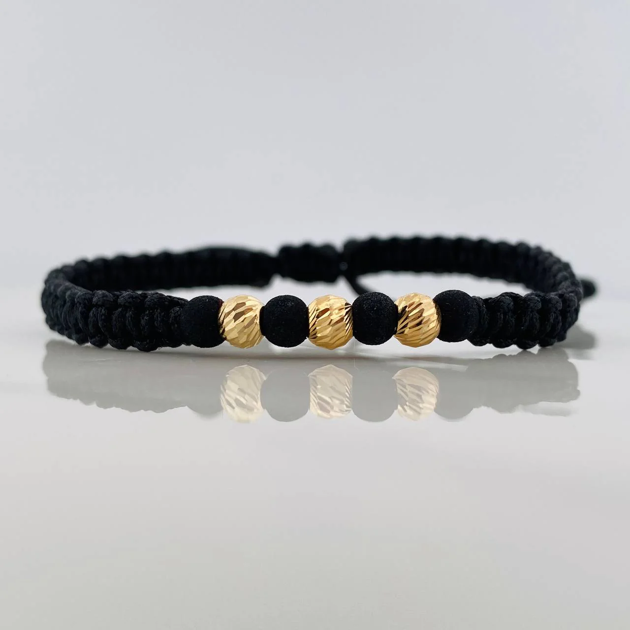 Pulsera Tejida Negra 5Mm / 3Und Oro Amarillo 18K
