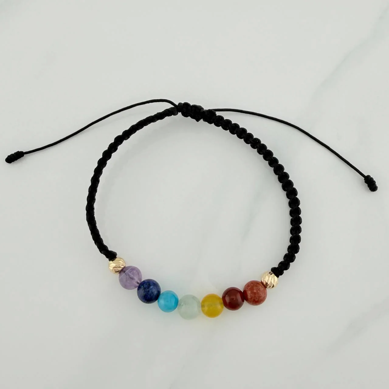 Pulsera Tejida Negra 7 Chakras Bolas Diamantas 2Uni Oro Amarillo 18K - Image 4