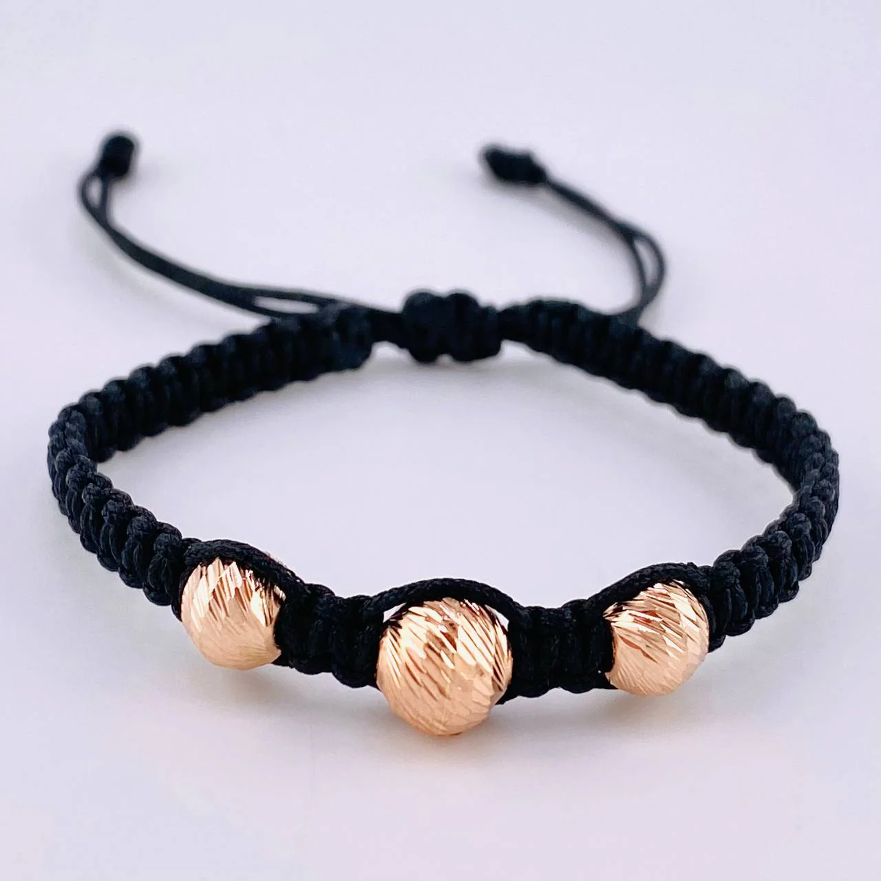 Pulsera Tejida Negra Bolas Diamantadas 3 Und / 7Mm-8Mm Oro Rosa 18K (A.C)