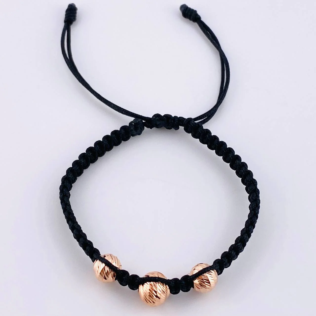 Pulsera Tejida Negra Bolas Diamantadas 3 Und / 7Mm-8Mm Oro Rosa 18K (A.C) - Image 2