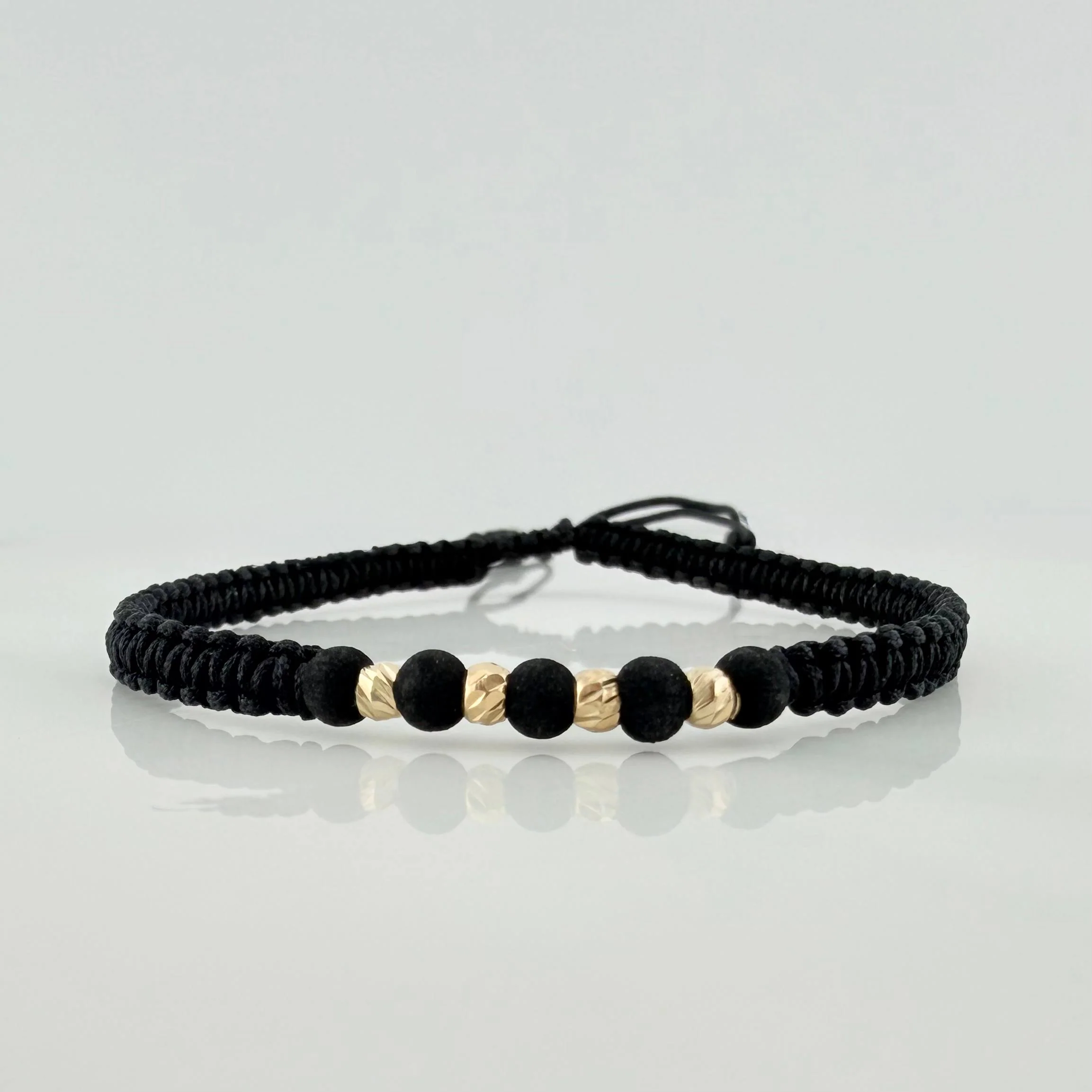 Pulsera Tejida Negra Bolas Diamantadas 3Mm Oro Amarillo 18K