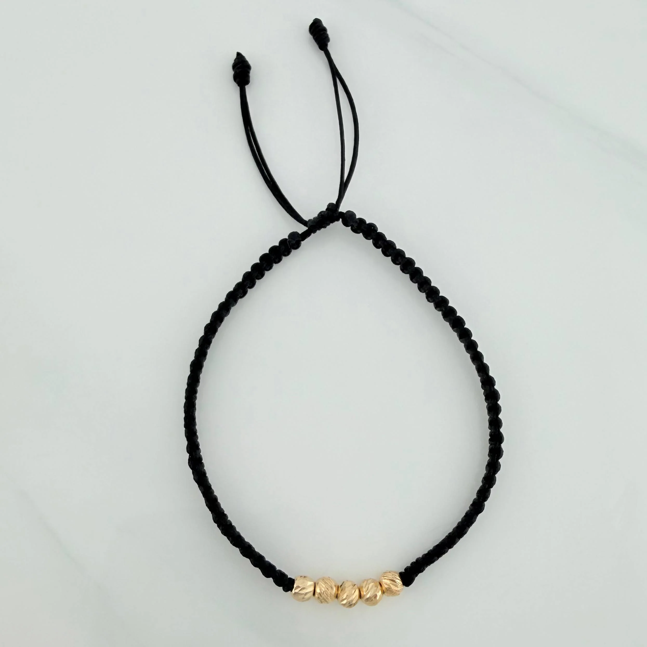 Pulsera Tejida Negra Bolas Diamantadas 4mm Oro Amarillo 18K - Image 2