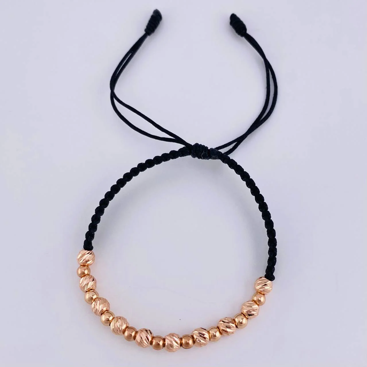 Pulsera Tejida Negra Bolas Lisas 10 Und- 4Mm / Diamantada 9 Und- 3Mm Oro Rosa 18K (A.C) - Image 2