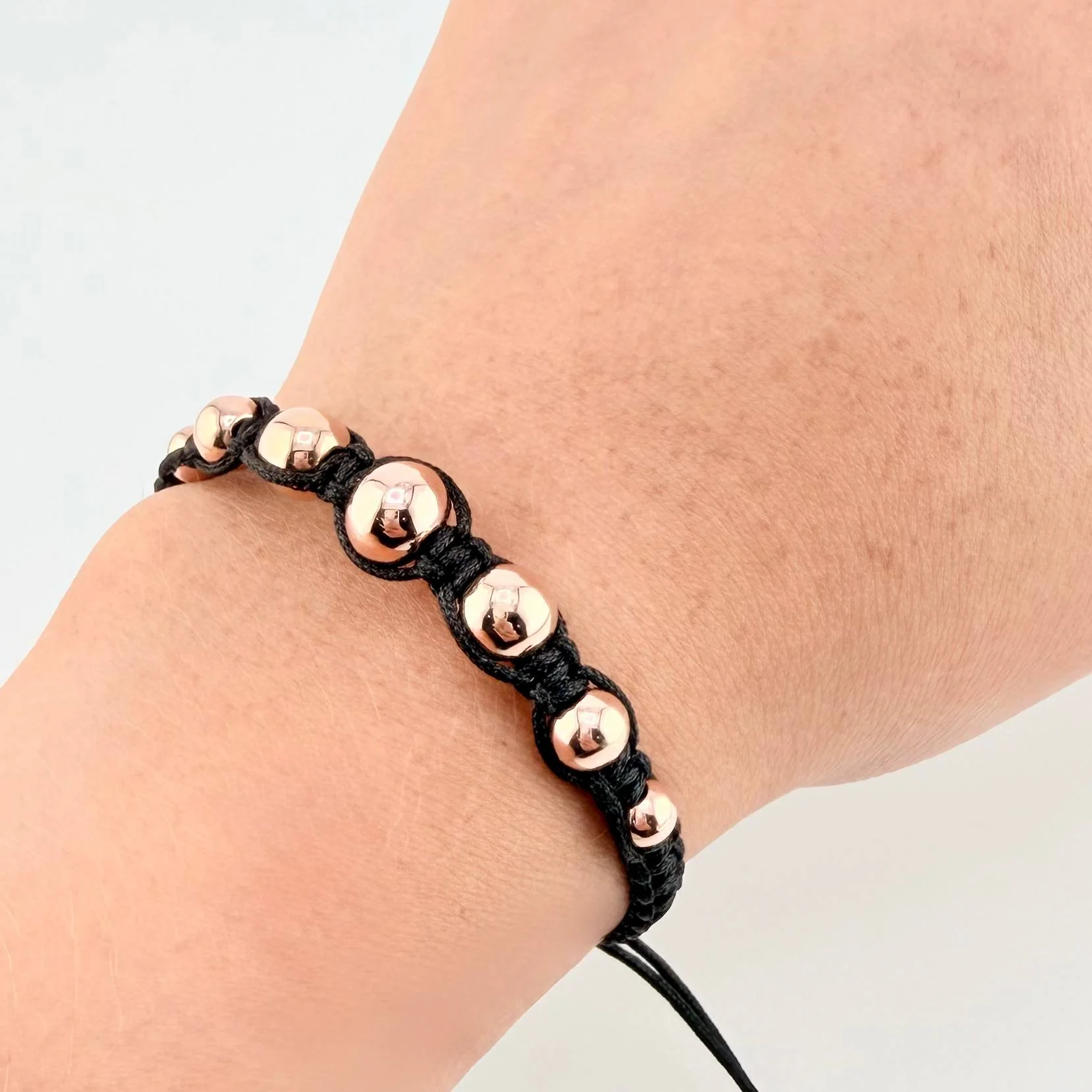 Pulsera Tejida Negra Bolas Lisas 7 Und / 5Mm-6Mm-7Mm-8Mm Oro Rosa 18K (A.C) - Image 4
