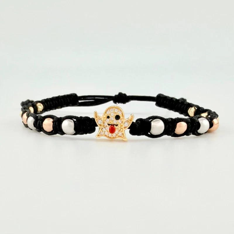 Pulsera Tejida Negra Herraje Fantasma / Bolas Lisas 8Und 4Mm- Bola Diamantada 6Und 3Mm Tres Oros 18K