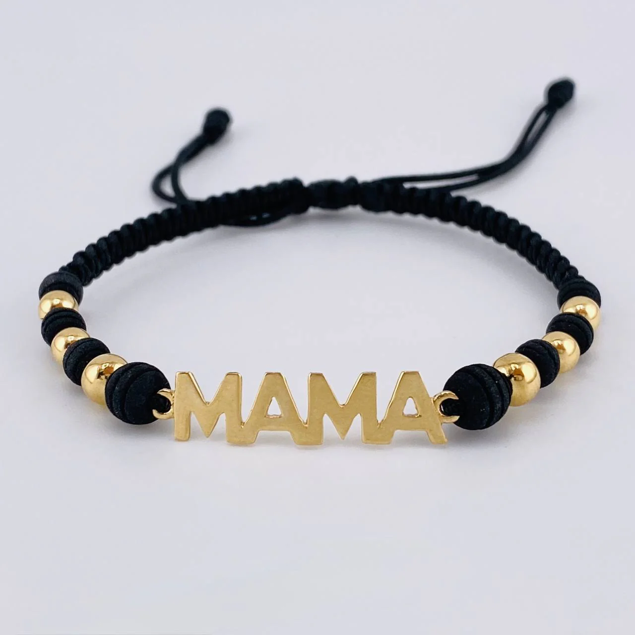 Pulsera Tejida Negra Herraje Mamá - Bolas 4Mm-5Mm / 6 Und Oro Amarillo 18K