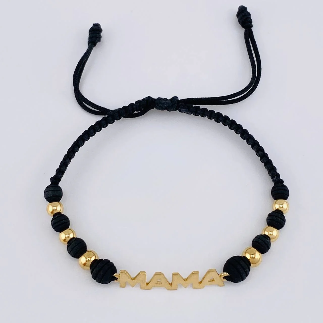 Pulsera Tejida Negra Herraje Mamá - Bolas 4Mm-5Mm / 6 Und Oro Amarillo 18K - Image 2