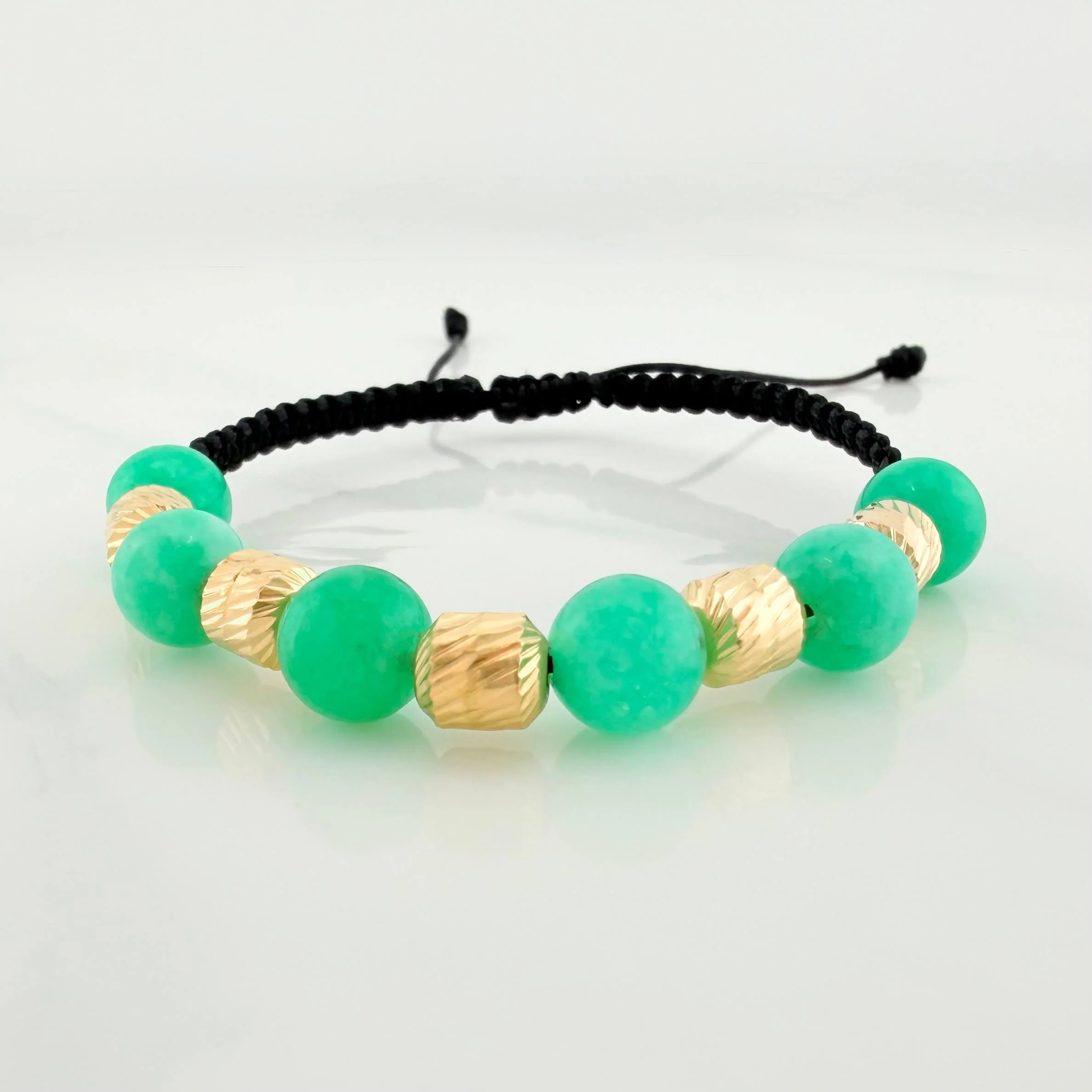 Pulsera Tejida Negra Morralla Esmeralda 6 Und / 6Mm Oro Amarillo 18K