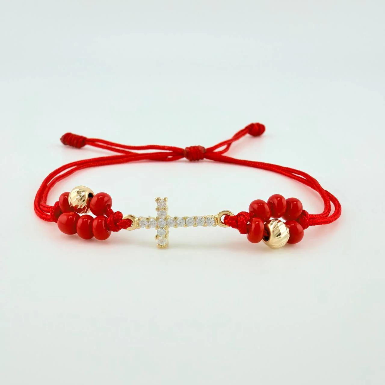 Pulsera Tejida Roja Cruz Maraquera / 2 Unidades 5Mm Diamantados Oro Amarillo 18K