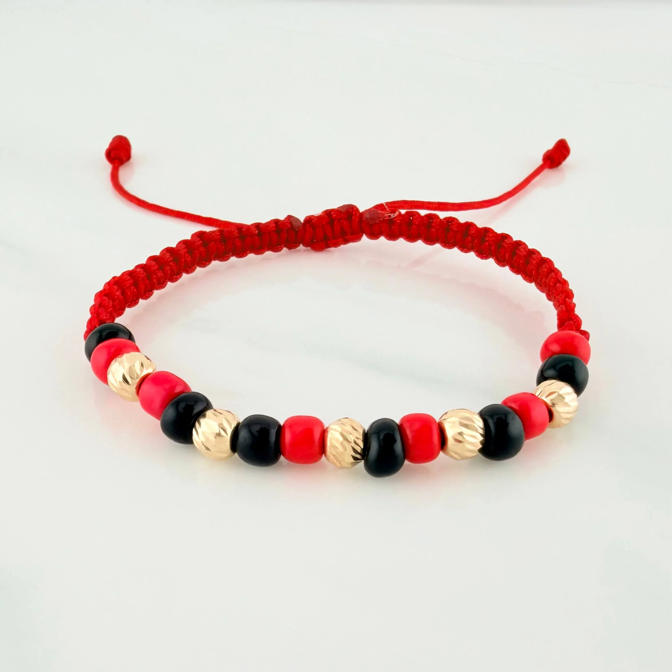 Pulsera Tejida Roja Mostacillas Oro Amarillo 18K