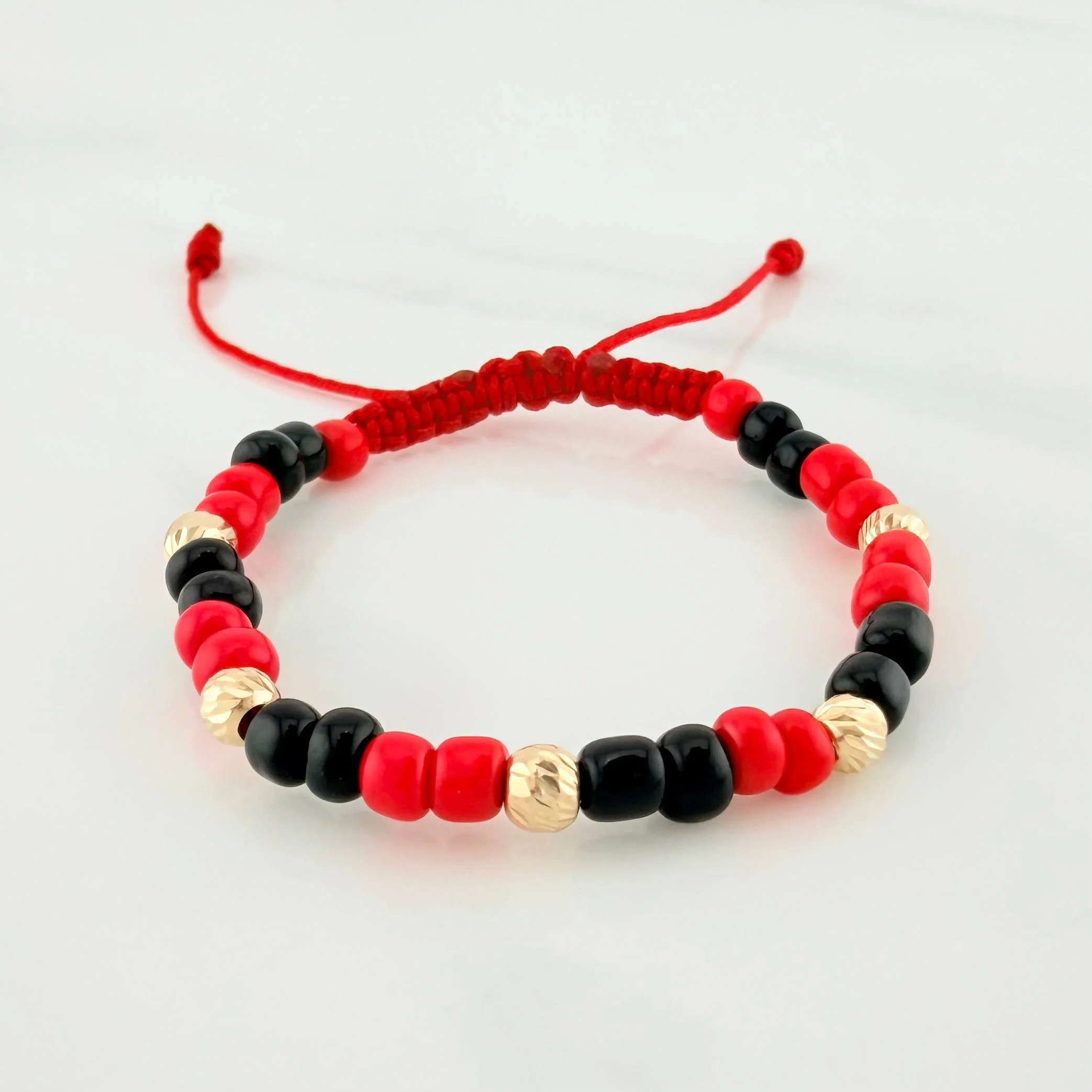 Pulsera Tejida Roja Mostacillas Oro Amarillo 18K