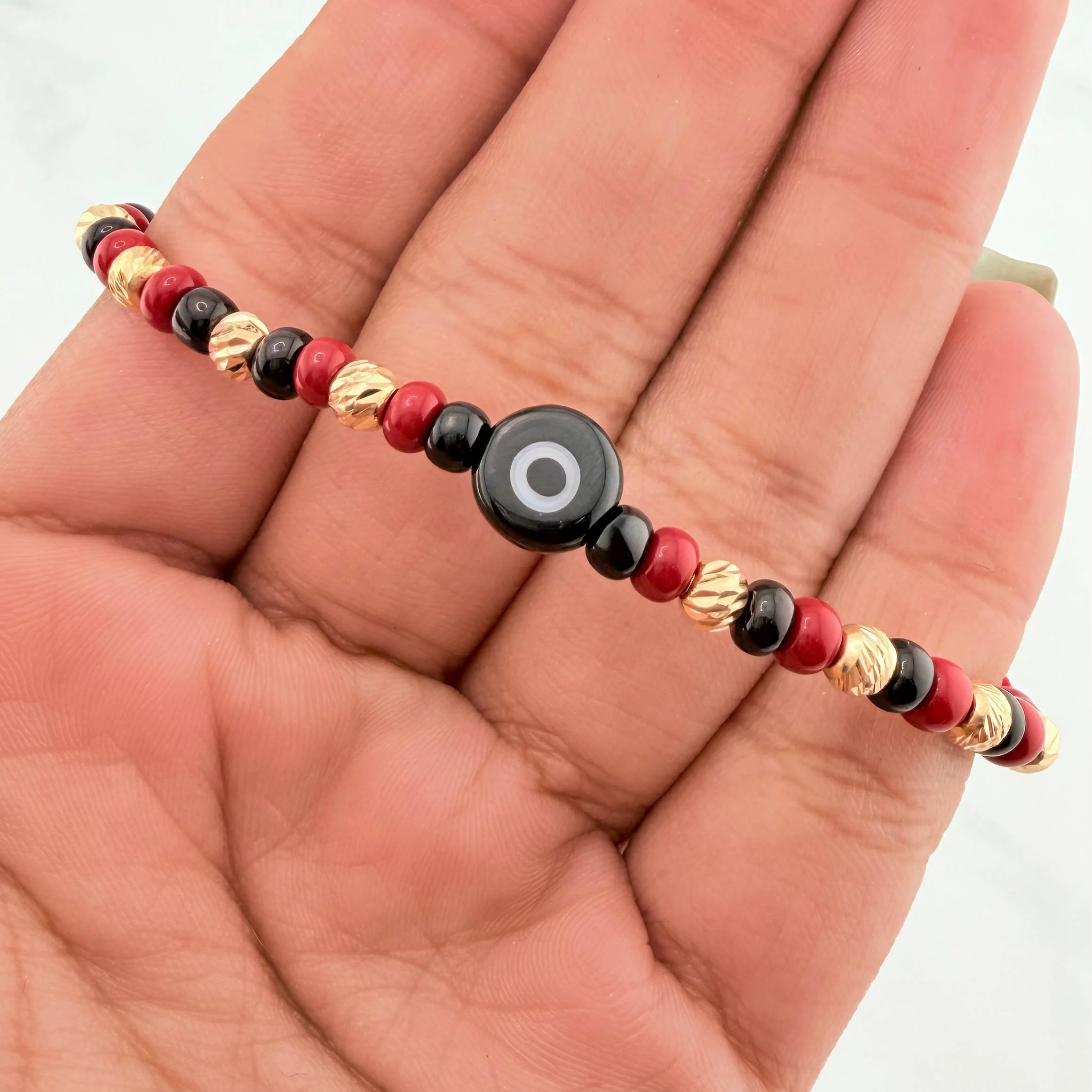 Pulsera Tejida Roja Ojo Turco Oro Amarillo 18K - Image 3