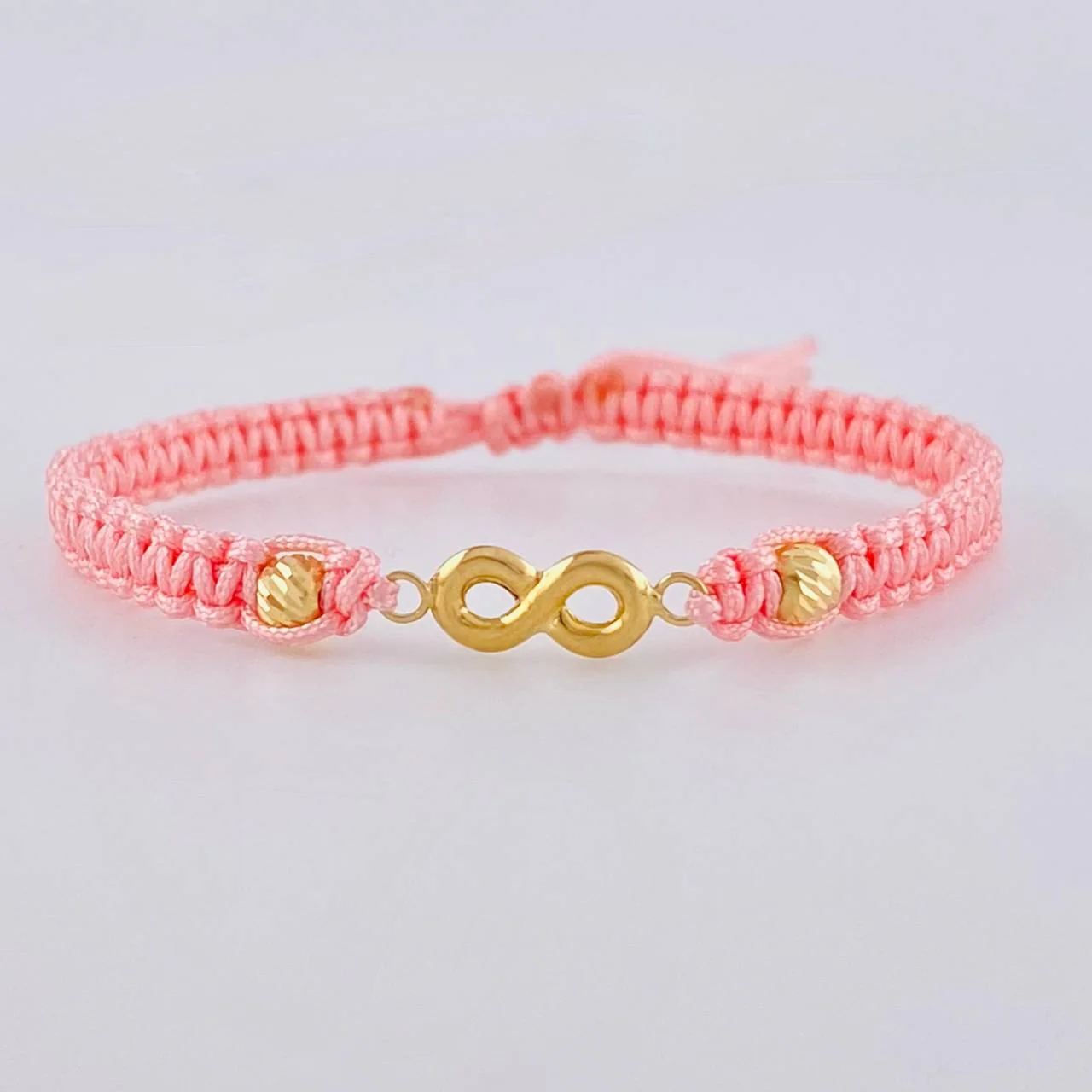 Pulsera Tejida Rosada Herraje Infinito Bolas Diamantadas 4Mm / 2 Und Oro Amarillo 18K