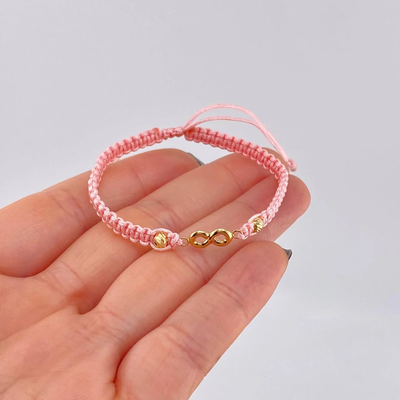 Pulsera Tejida Rosada Herraje Infinito Bolas Diamantadas 4Mm / 2 Und Oro Amarillo 18K - Image 3
