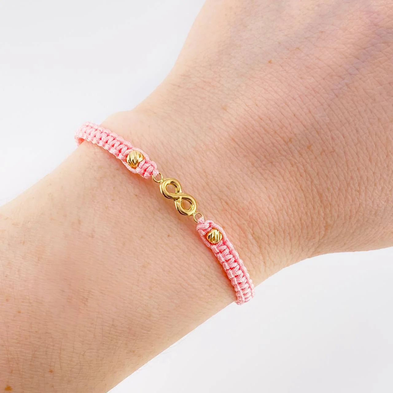 Pulsera Tejida Rosada Herraje Infinito Bolas Diamantadas 4Mm / 2 Und Oro Amarillo 18K - Image 4