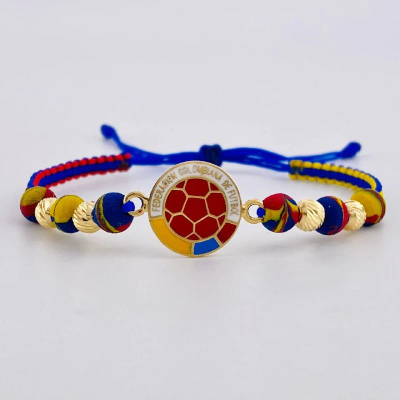 Pulsera Tejida Tricolor Escudo Selección Bolas Diamantadas 5Mm / 4 Und Oro Amarillo 18K