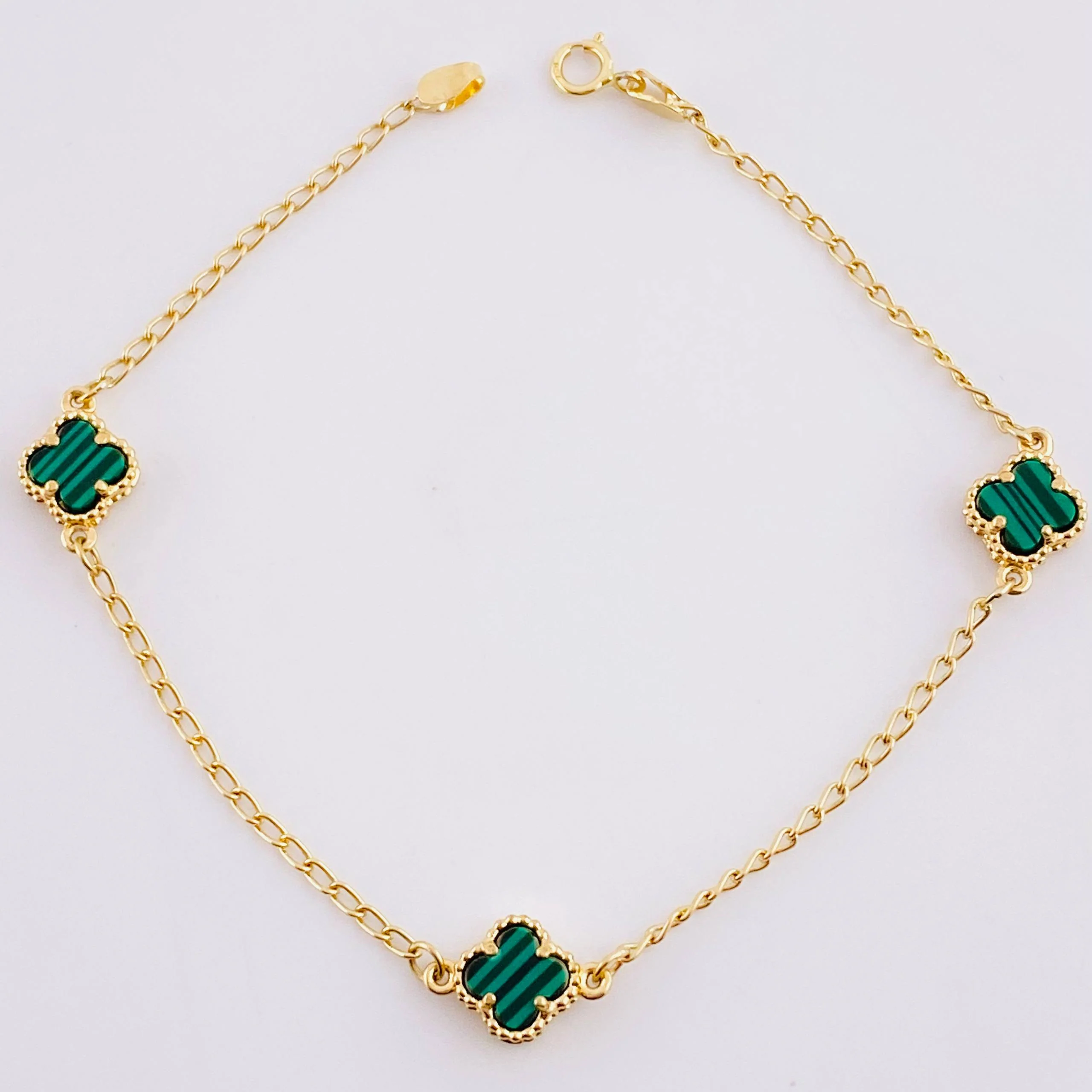 Pulso Aro Seguido Trebol Malaquita 2.9g / 18.5cm / 1.5mm Oro Amarillo 18K