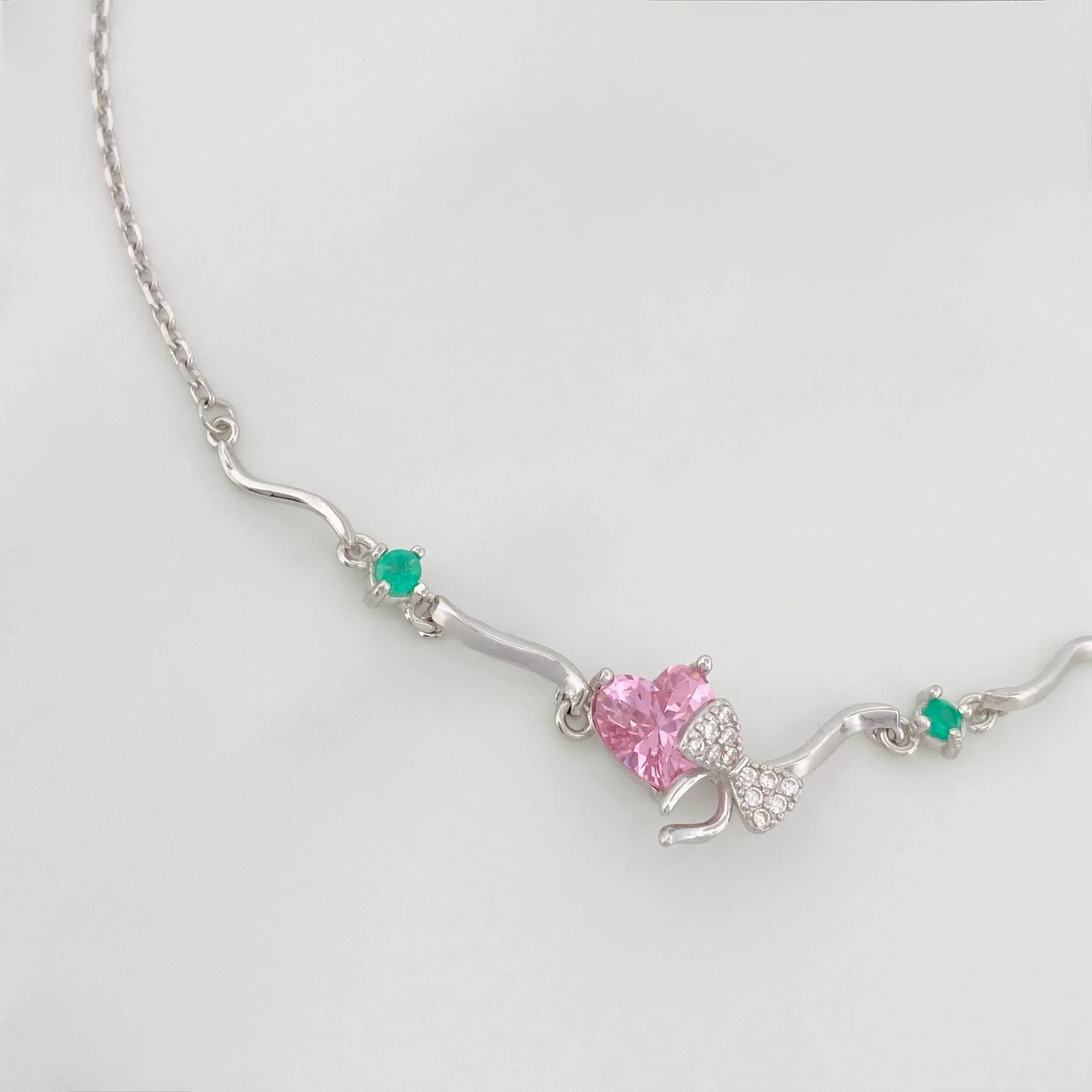 Pulso Corazon Moño Esmeralda 3.1 g / 22 cm / 1 mm Plata Rodinada 925 - Image 2