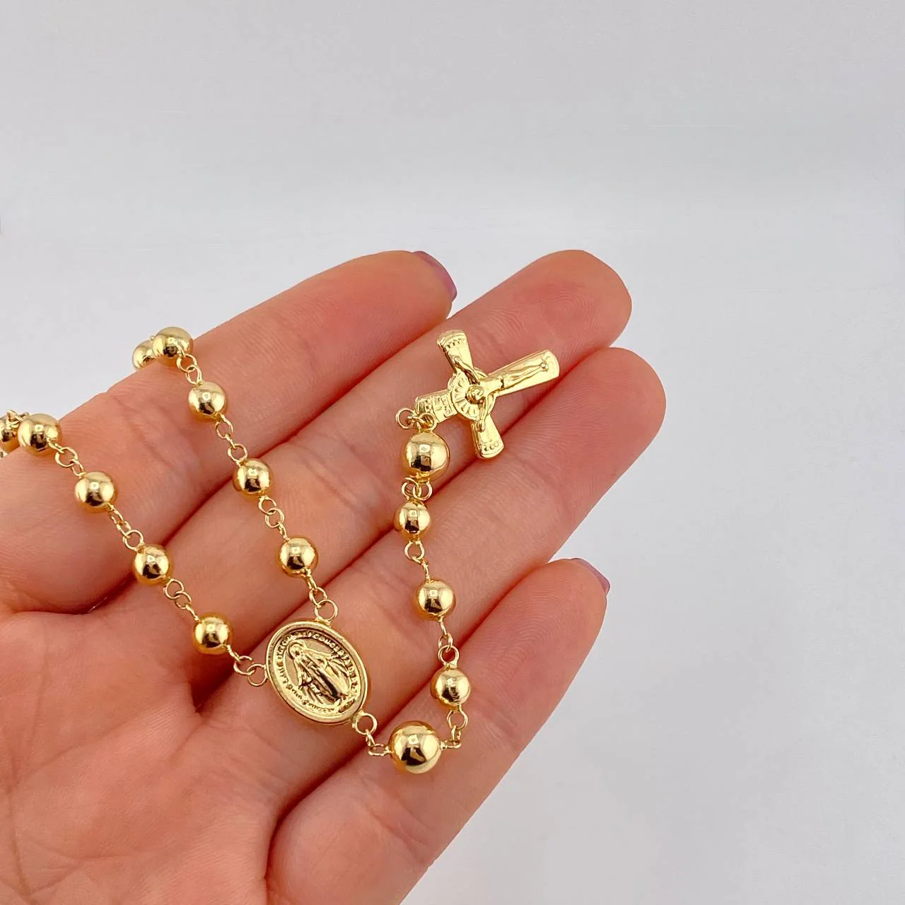 Rosario Rosario Virgen Milagrosa Cruz Cristo Bola Lisa 11.85g / 60cm / 5.6mm Oro Amarillo 18K - Image 6