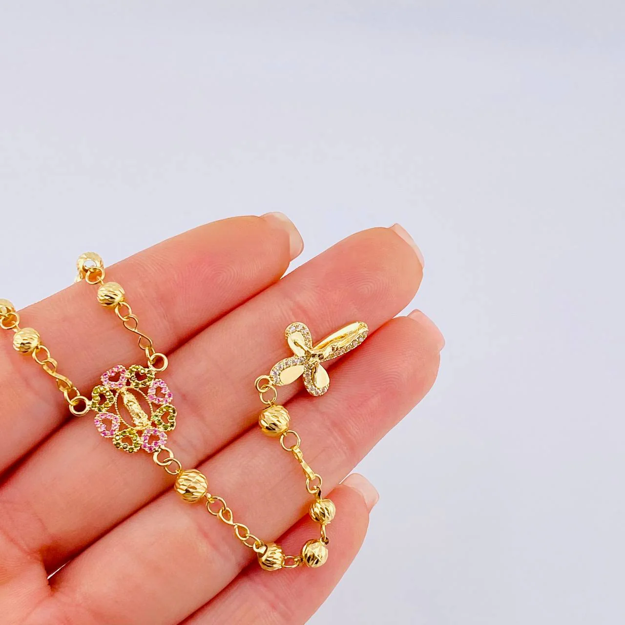 Rosario Virgen Guadalupe Corazones Diamantado 10 g / 50 cm / 4 mm - 5 mm Oro Amarillo 18K - Image 11
