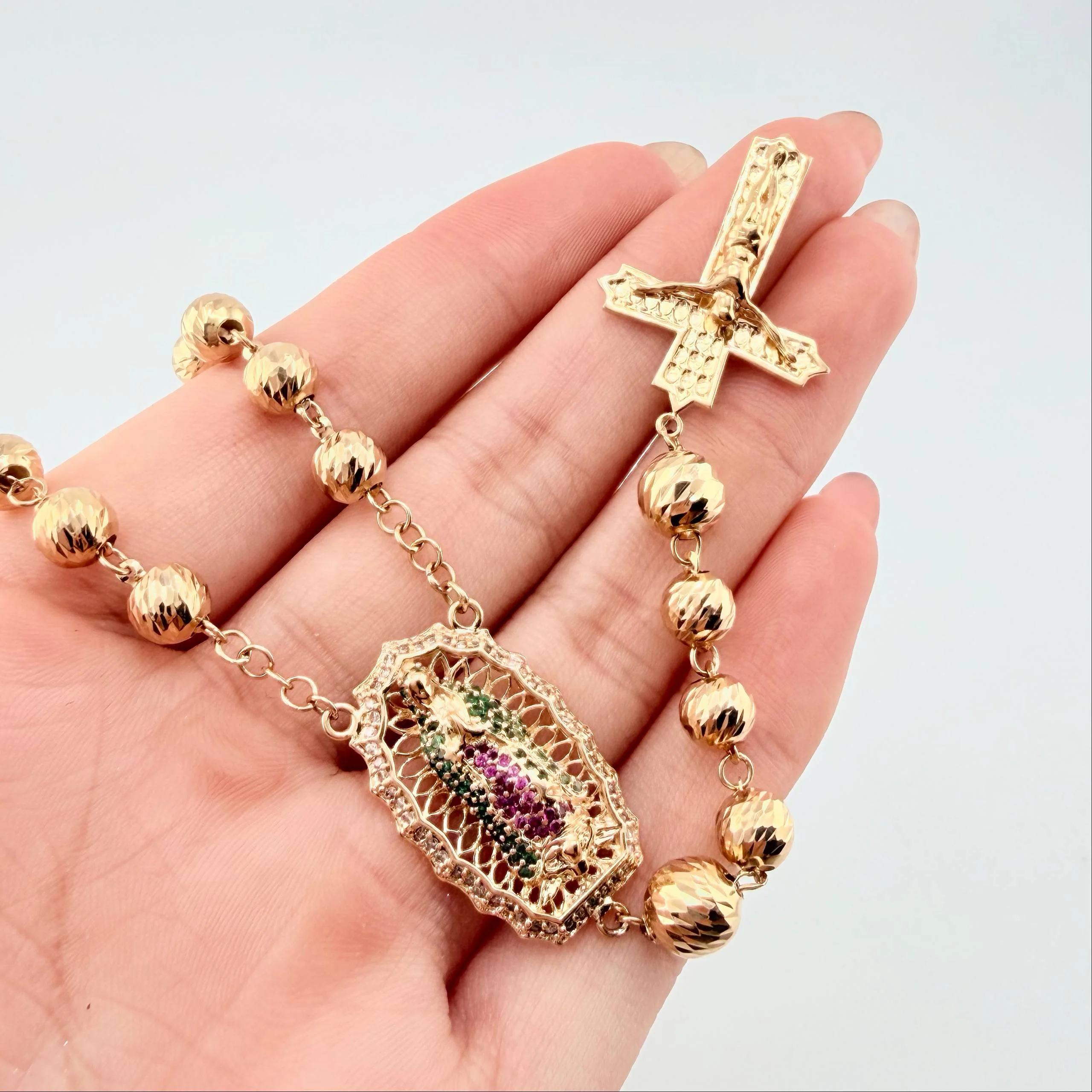 Rosario Virgen Guadalupe Cruz Cristo Romano 23.1gr / 60cm / 7mm-6mm Oro Amarillo 18K - Image 4