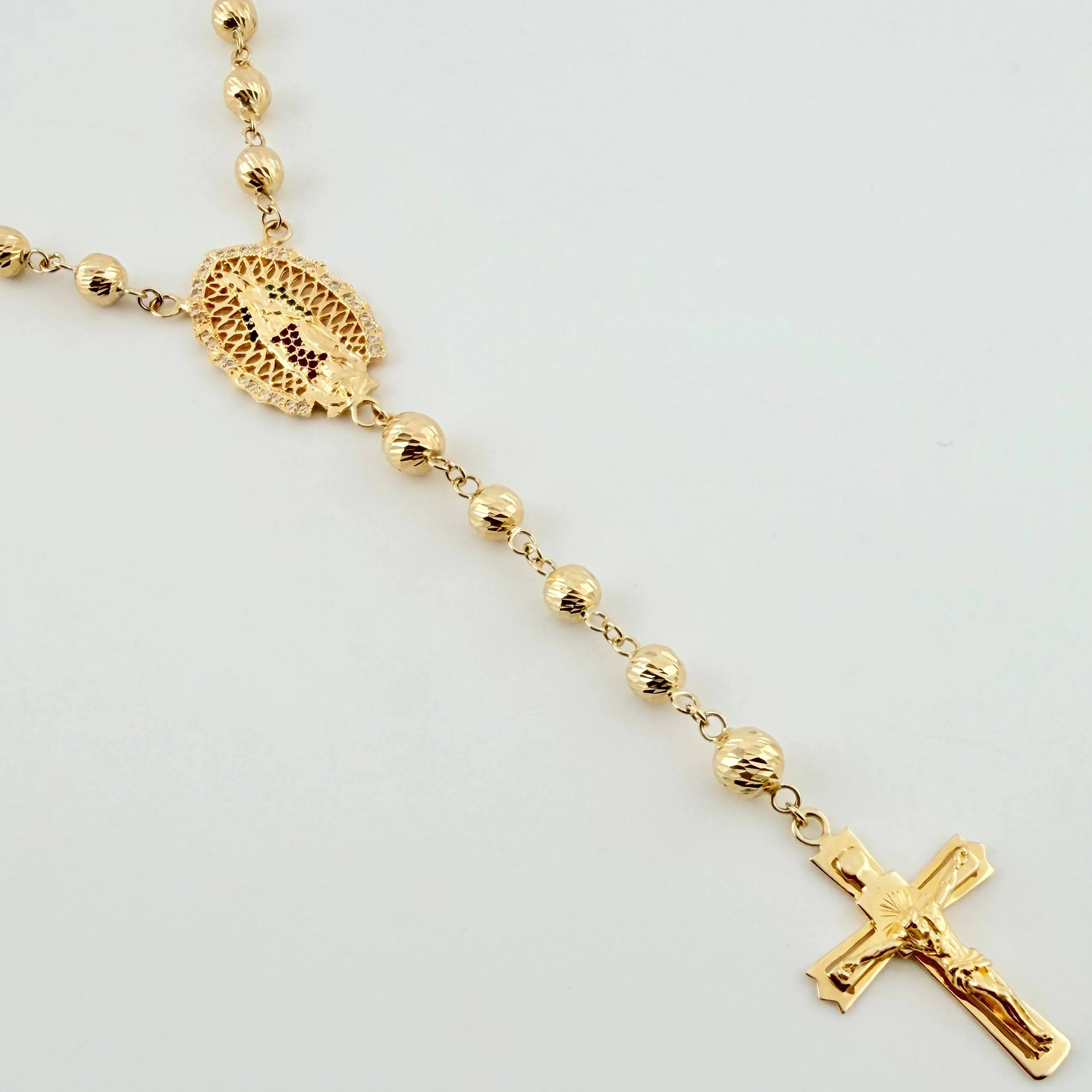 Rosario Virgen Guadalupe Crúz Cristo Romano 31gr / 70cm / 6mm-7mm Oro Amarillo 18K