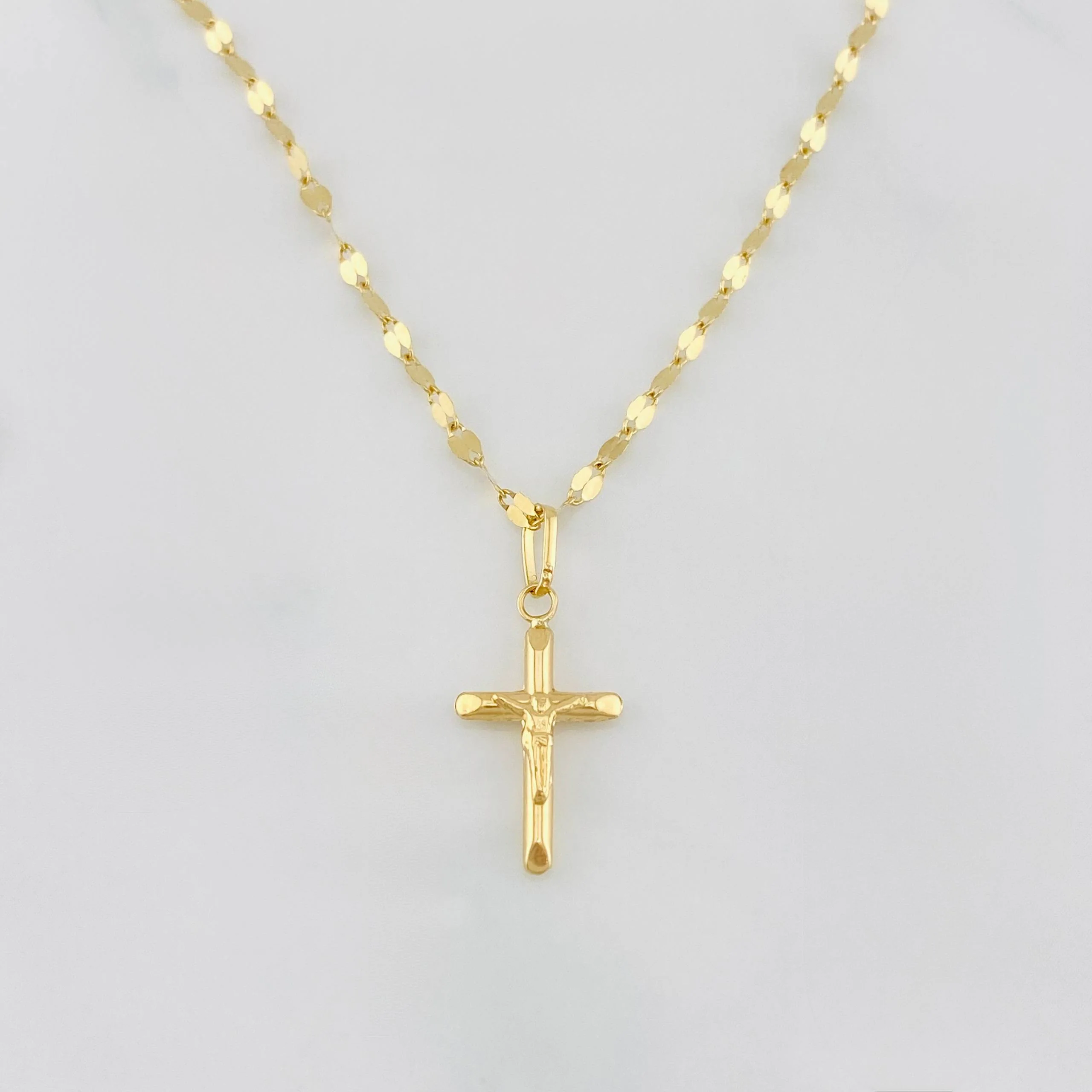 Set Cadena Flor Espejo + Dije Cruz Cristo / 1.35 g / 40 cm Oro Amarillo 18K