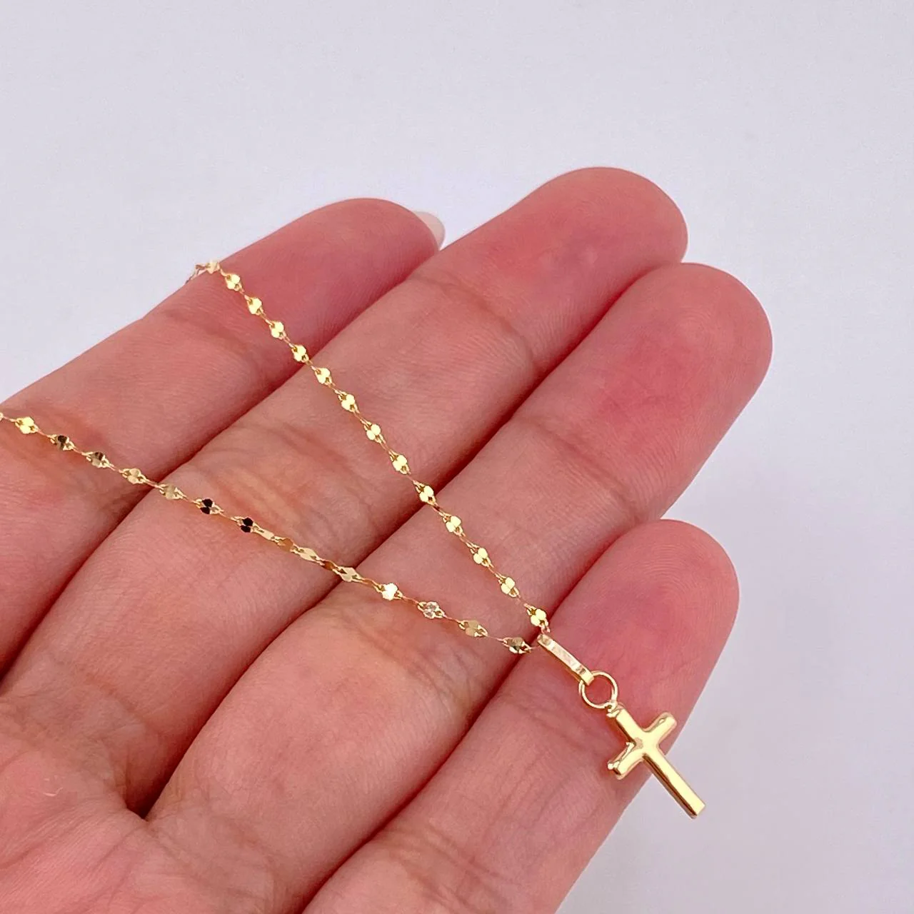Set Cadena Flor Espejo + Dije Cruz Lisa / 1gr / 45 cm Oro Amarillo 18K - Image 3