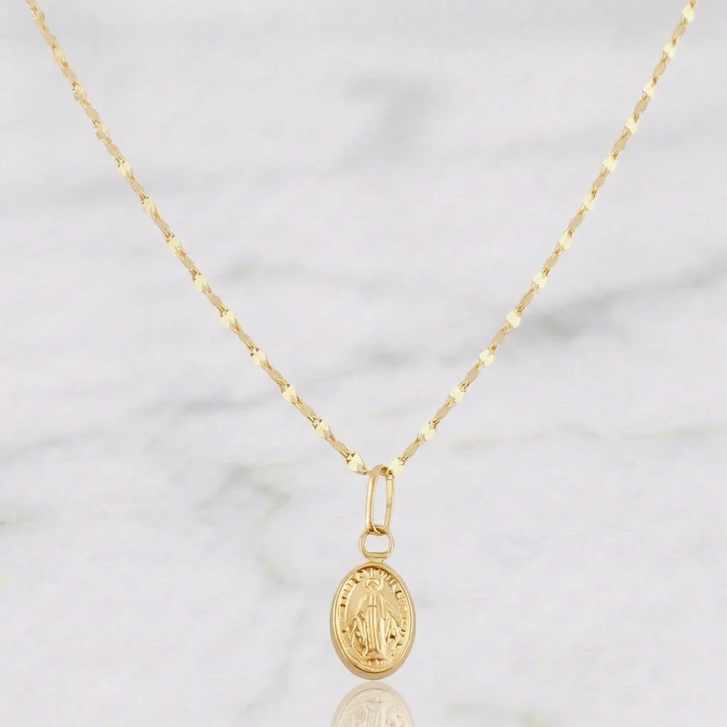 Set Cadena Flor Espejo + Dije Virgen Milagrosa / 1.1gr / 45 cm Oro Amarillo 18K