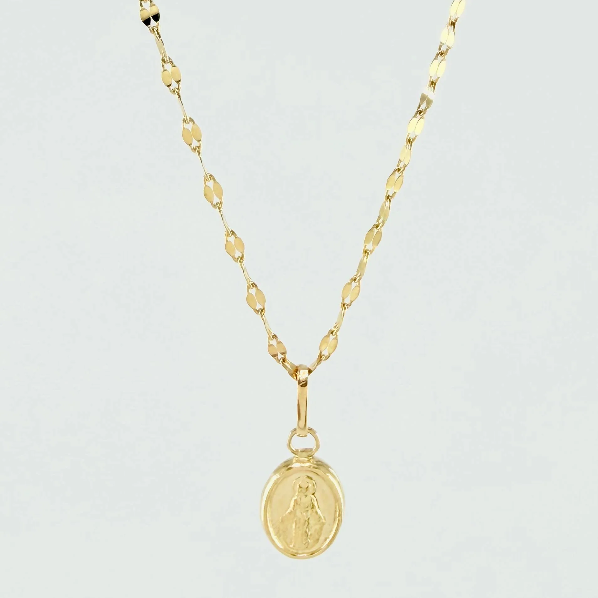 Set Cadena y Dije Flor Espejo + Virgen Milagrosa 1.35gr / 45cm / 1.3mm Oro Amarillo 18K (Oferta) *