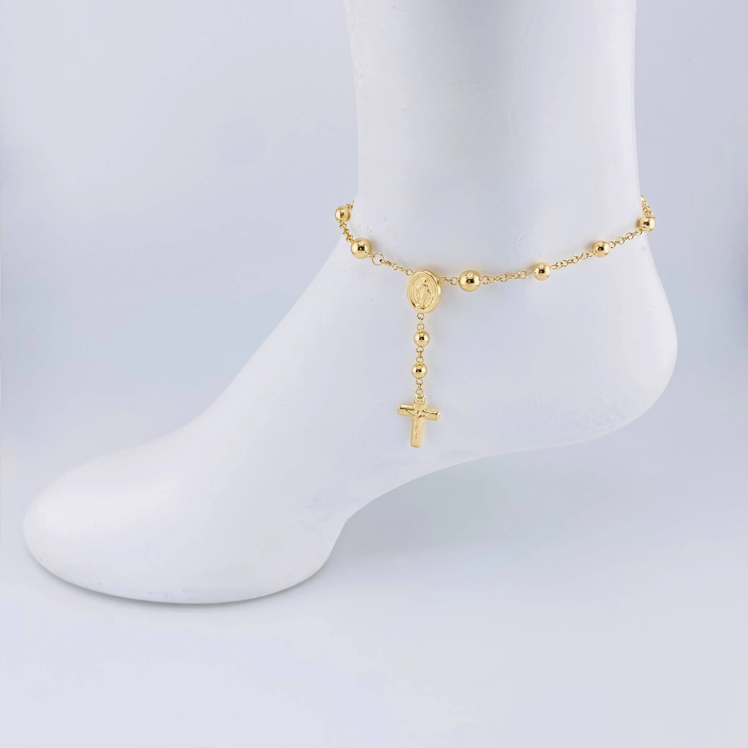 Tobillera Denario Virgen Milagrosa Cruz Cristo 5.25 g / 26,5 cm / 5 mm - 6 mm Oro Amarillo 18K - Image 4